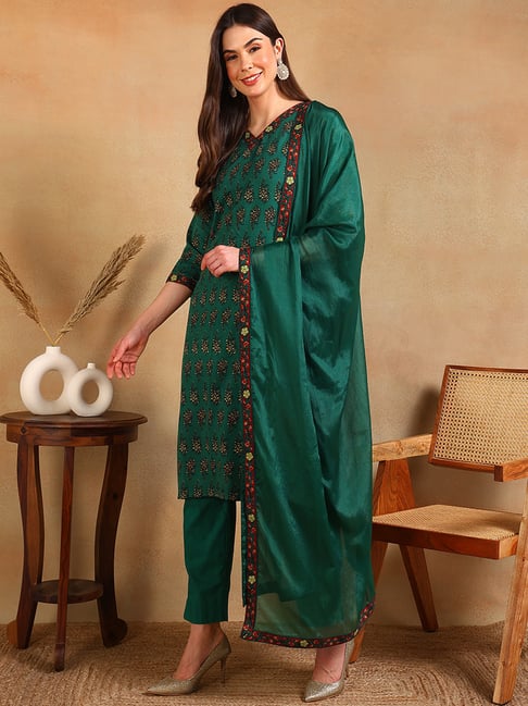 Vaamsi Green Rayon/Viscose Regular Fit Floral Suit Sets