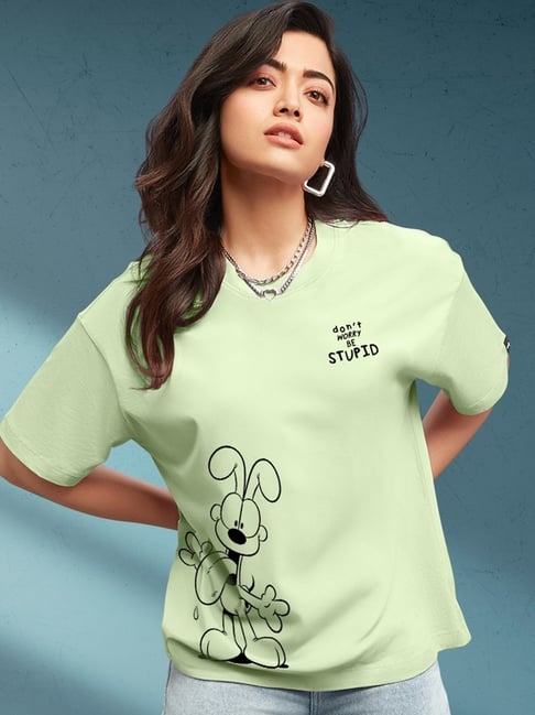Bewakoof Women's Green Be Stupid Odie Graphic Printed Oversized T-Shirt