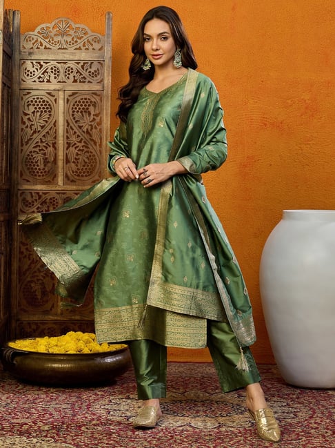 Vaamsi Green Silk Regular Fit Woven Design Suit Sets