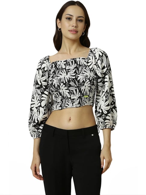 Allen Solly Black & White Printed Crop Top