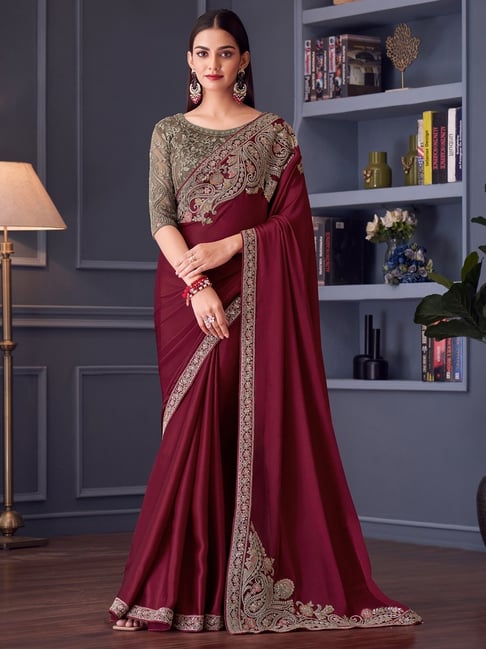 Saree Mall Maroon Embellished Sarees With Unstitched Blouse-picture-26