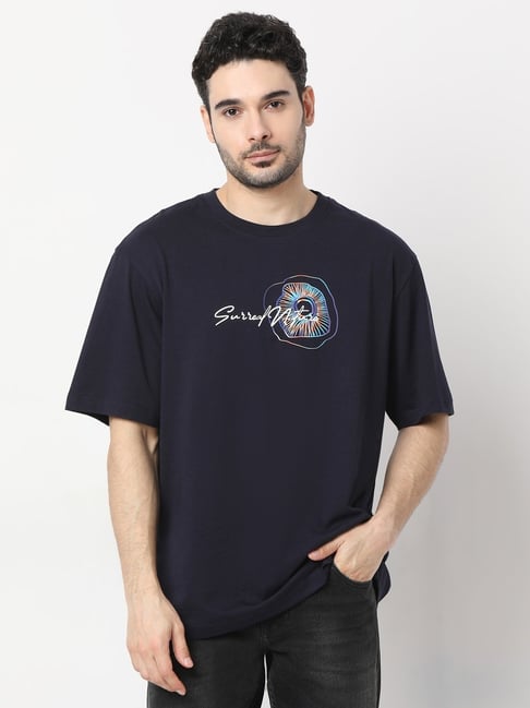 Spykar Blue Cotton Comfort Fit Graphic T-Shirt