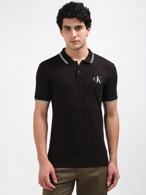Calvin Klein Jeans Black Cotton Regular Fit Logo Printed Polo T-Shirt