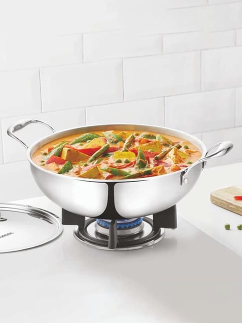 Borosil Silver Stainless Steel Tri-Ply Kadhai with Handle - 2.1 L