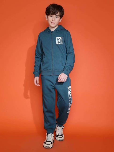 Lil Tomatoes Boys Teal Printed Full Sleeves Tracksuits