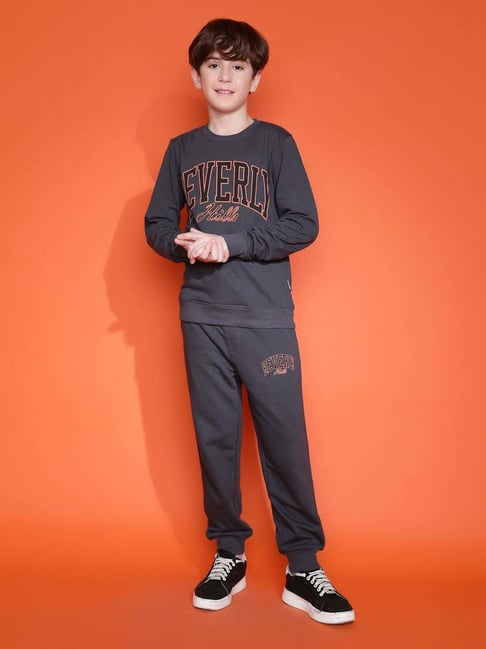 Lil Tomatoes Boys Black & Orange Printed Full Sleeves Tracksuits