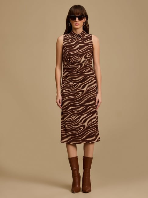 KAZO Brown Polyester Animal Print Midi Dress