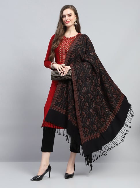 Monte Carlo Black & Maroon Embellished Reversible Shawl-image-15