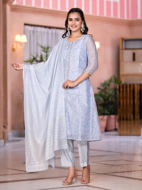 Juniper Grey Floral Kurta Bottom Dupatta Set