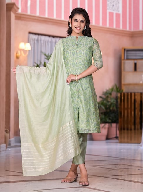 Juniper Green Floral Kurta Bottom Dupatta Set