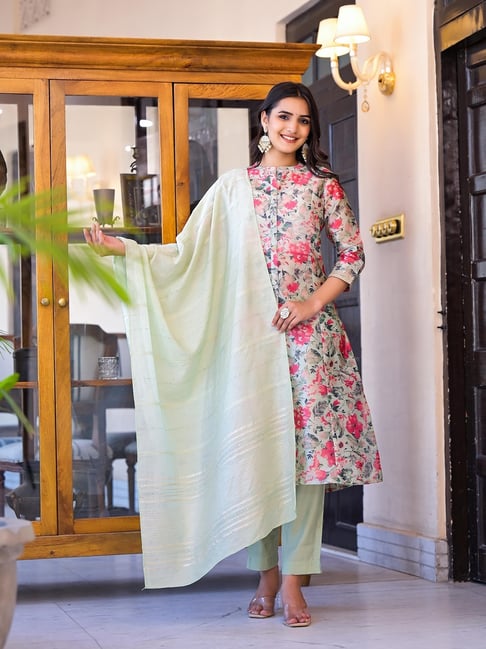 Juniper White Floral Kurta Bottom Dupatta Set