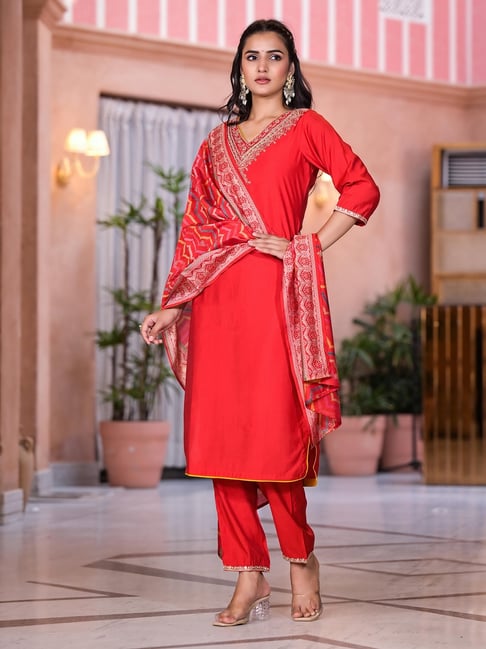 Juniper Red Embroidered Kurta Bottom Dupatta Set