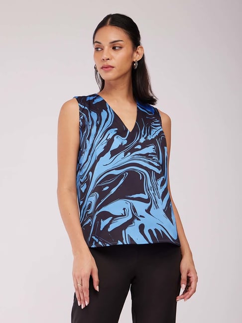Fablestreet Blue & Black Printed Top