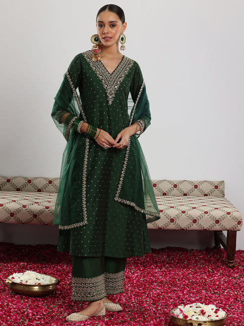 Libas Green Chanderi Silk Regular Fit Ethnic Motifs Kurta Set