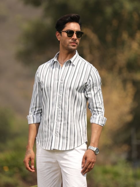 Perch Grey Cotton Slim Fit Striped Shirt-picture-23