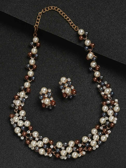YouBella Gold Plated Brown & White Stone Studded Jewellery Set