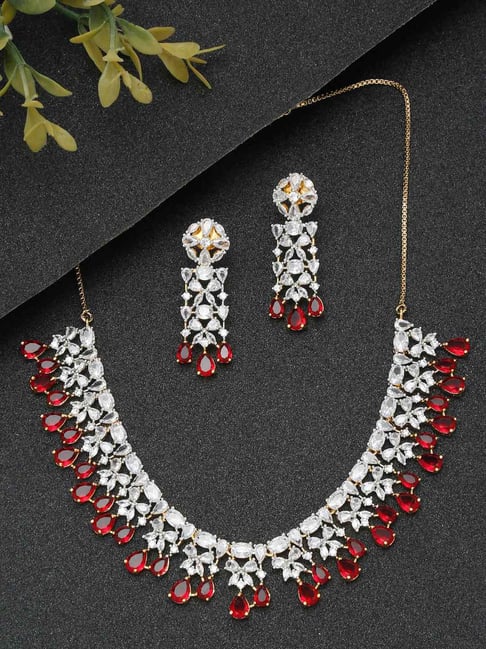 Buy YouBella Jewellery American Diamond Studded Red Jewellery Set