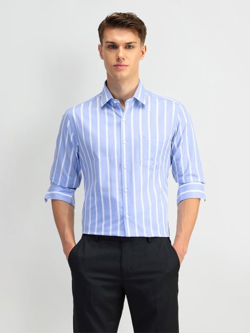 Buy Arrow Sky Blue Cotton Slim Fit Striped Shirt for Mens Online