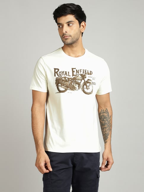 Royal Enfield White Cotton Blend Regular fit Printed T-Shirt