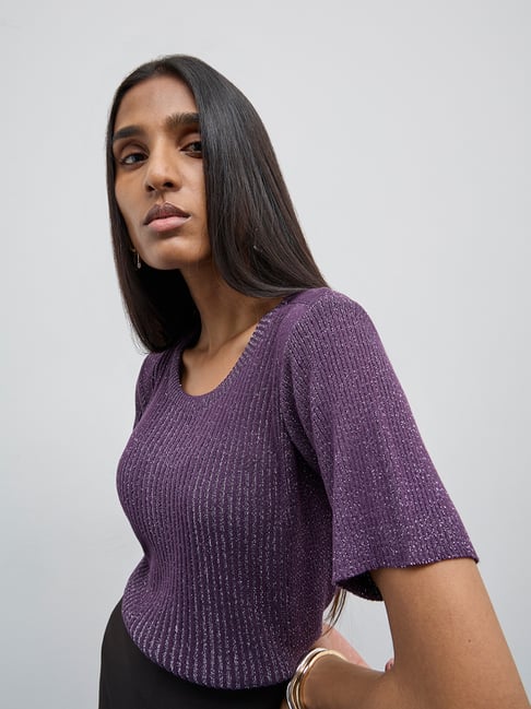 Wardrobe by Westside Purple Ribbed Glitter Top