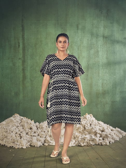 Curvy Lane Plus Size Black Beige Cotton Printed Kaftan Dress