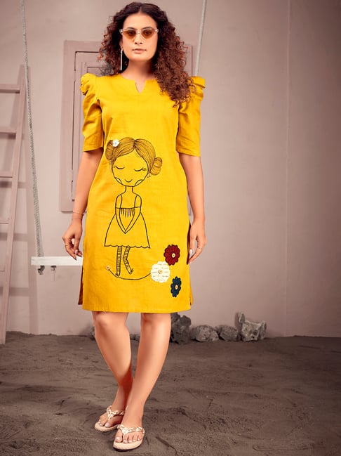 Curvy Lane Plus Size Yellow Cotton Embroidered A Line Dress