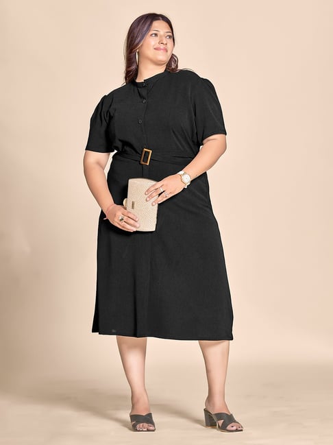 Curvy Lane Plus Size Black Knitted Regular Fit Midi Dress With Belt