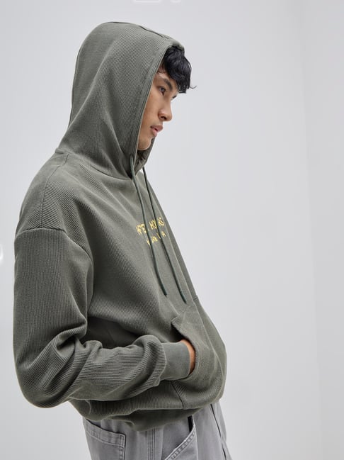 Nuon by Westside Olive Text Embroidered Relaxed-Fit Cotton Sweatshirt