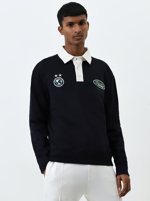 Studiofit by Westside Navy Embroidered Relaxed-Fit Cotton Sweatshirt