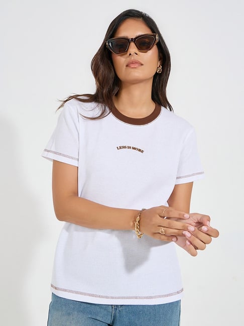 Styli White Cotton Printed T-Shirt