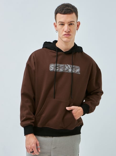 Bewakoof Men's Brown Seeker Graphic Printed Oversized Hoodie