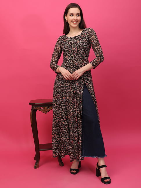 Scorpius Black Chiffon Fitted Floral Tunic