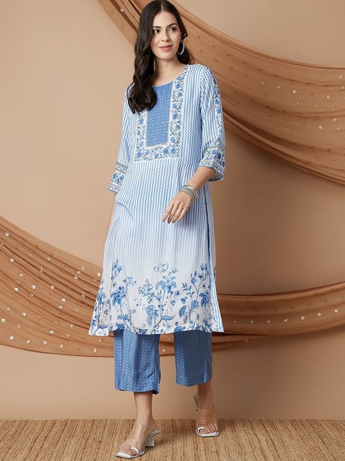 Melange by Lifestyle Blue Printed Kurta and Pant Set