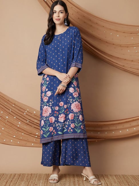Melange by Lifestyle Navy Printed Kurta and Pant Set
