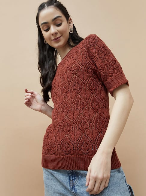 Colour Me by Melange Brown Embroidered Top