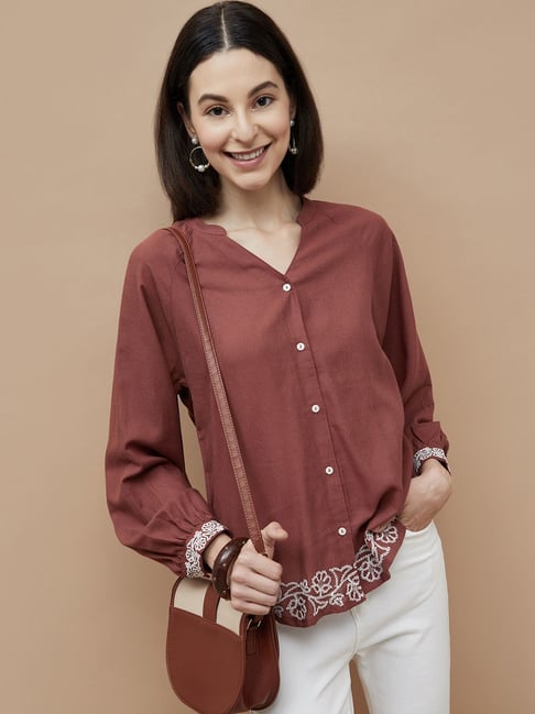 Colour Me by Melange Brown Embroidered Top