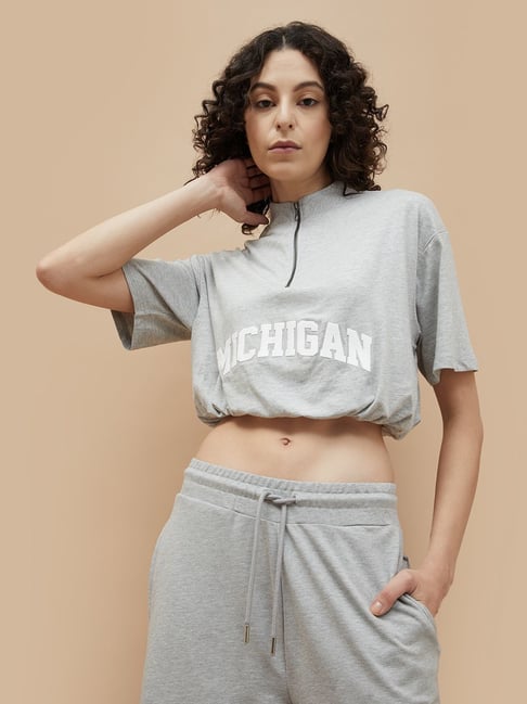 KAPPA Grey Cotton Printed Crop T-Shirt