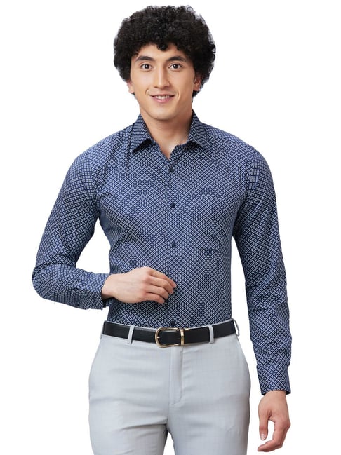 Parx Blue Slim Fit Printed Shirts