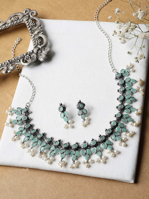 Buy Nishan Silver Oxidized Turquoise Stone Pearl Necklace Set