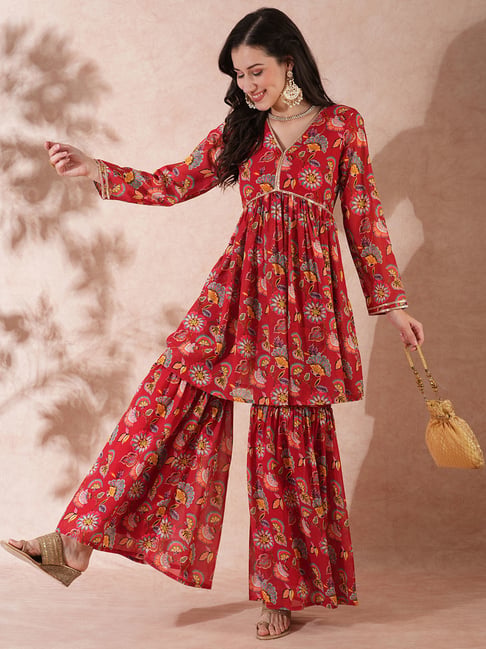Globus Maroon Printed Kurti With Gharara