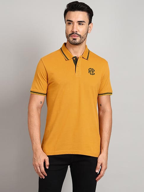 Royal Enfield Mustard Cotton Blend Regular fit Solid Polo T-Shirt