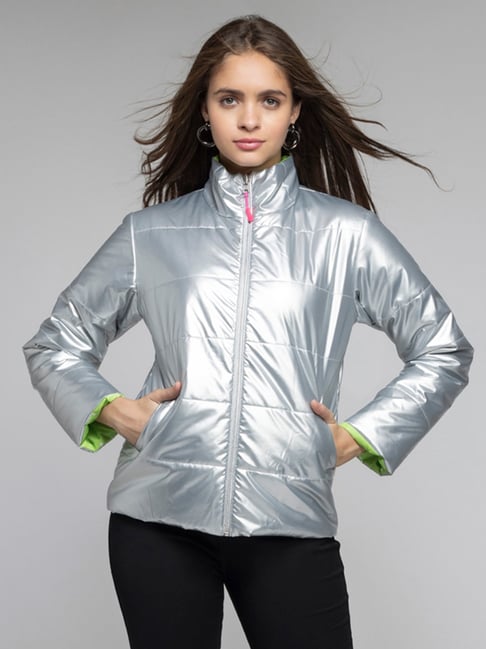 SHAYE Silver Solid Reversible Puffer Jacket
