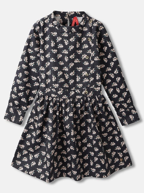 Blue Giraffe Girls Black Cotton Printed Full Sleeves Dress