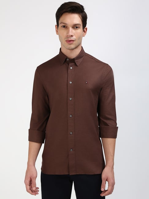 TOMMY HILFIGER Brown Cotton Regular fit Texture Shirt
