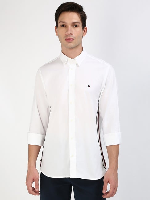 TOMMY HILFIGER White Cotton Regular fit Solid Shirt