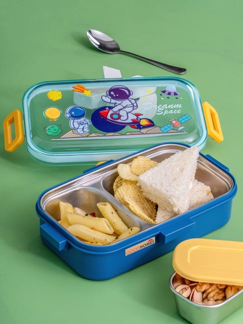Goodhomes Blue Steel 2 partition Lunch Box with Spoon