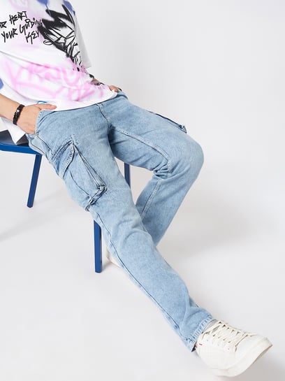People by Pantaloons Light Blue Denim Loose Fit Print Cargo Jeans