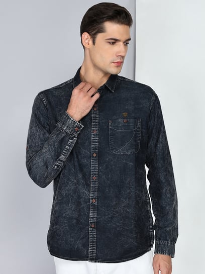 Kuons Avenue Black Cloud Slim Fit Solid Casual Denim Shirt