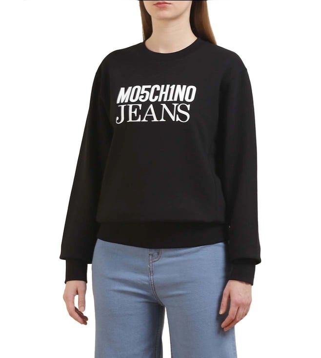 MOSCHINO women's black sweatshirt with front outlet logo and sleeve runner