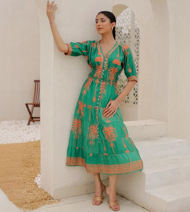 Saba Chikanakri Dress In Printed Muslin - Green